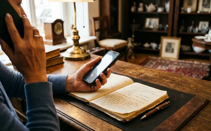 Hand mit Smartphone und Notizbuch im Antikladen