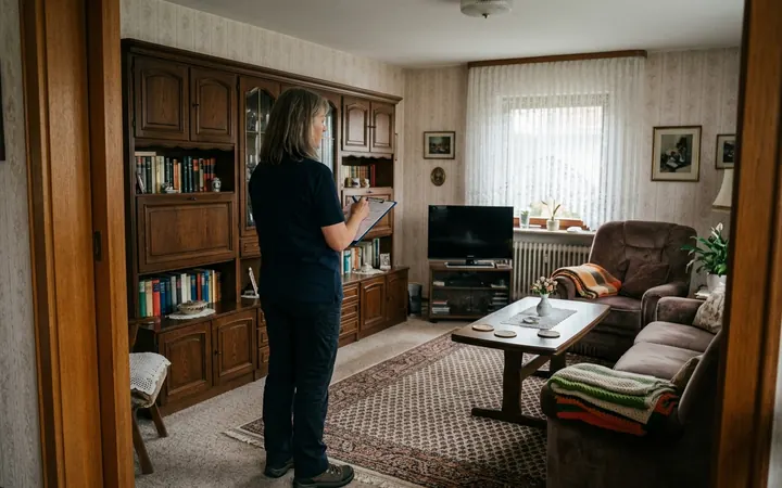 Mitarbeiterin mit Klemmbrett in der Tür eines voll eingerichteten Wohnzimmers