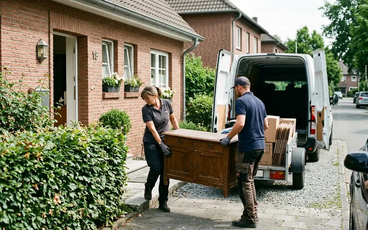 Zwei Mitarbeiter tragen ein Sideboard aus einem Backsteinhaus zum Transporter