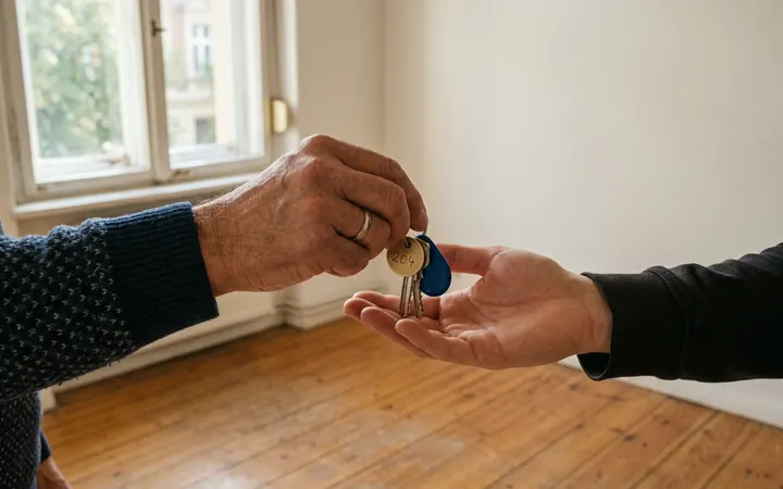 Ein Schlüsselbund wird in einem leeren, gefegten Zimmer übergeben