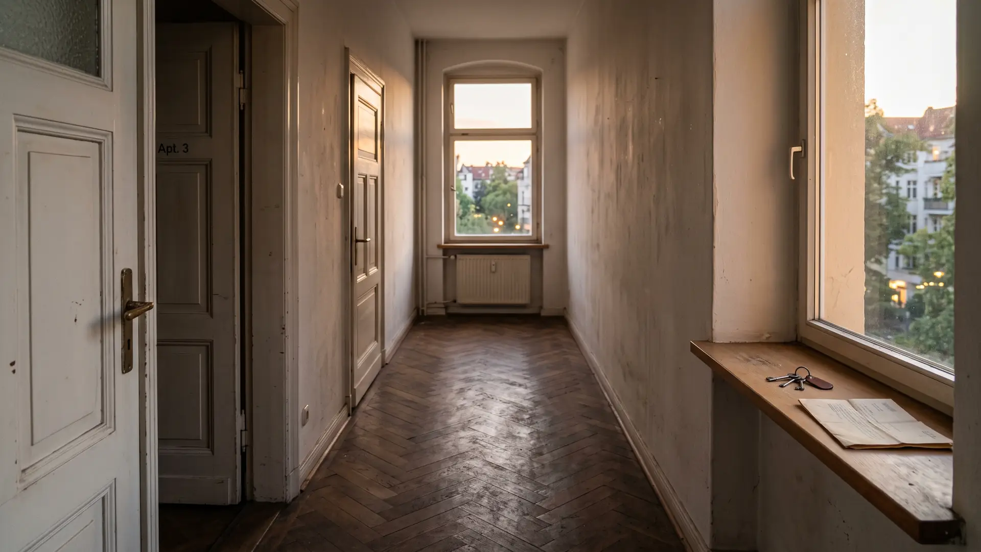 Leerer Wohnungsflur in der Abenddämmerung, ein Schlüsselbund liegt auf der Fensterbank