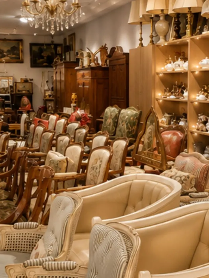 Ausstellungsraum von Erkanantik mit Sesseln, Stühlen und Kronleuchter