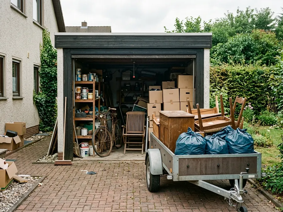 Offene Garage voller alter Sachen, davor ein Anhänger
