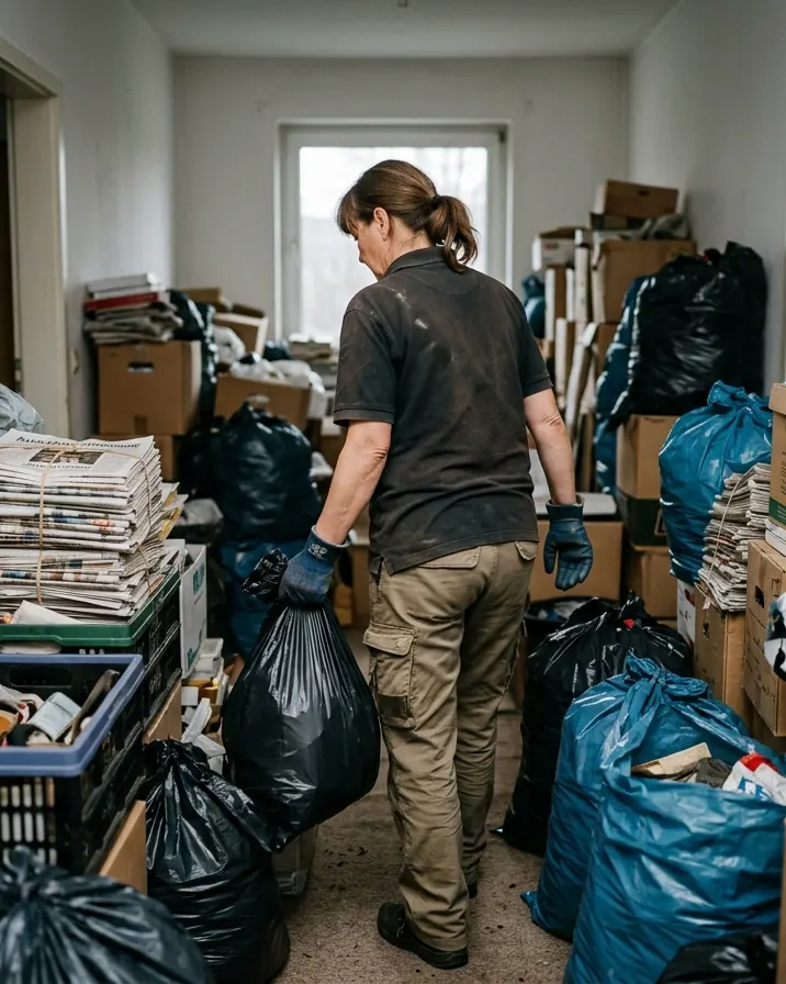 Mitarbeiterin trägt den ersten Sack aus einer vollgestellten Wohnung