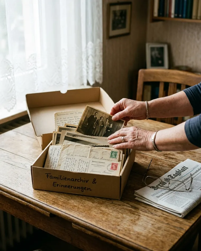 Hände sortieren alte Familienfotos und Briefe in eine Archivbox