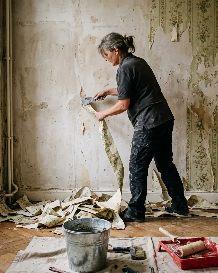 Mitarbeiterin zieht alte Tapete von der Wand