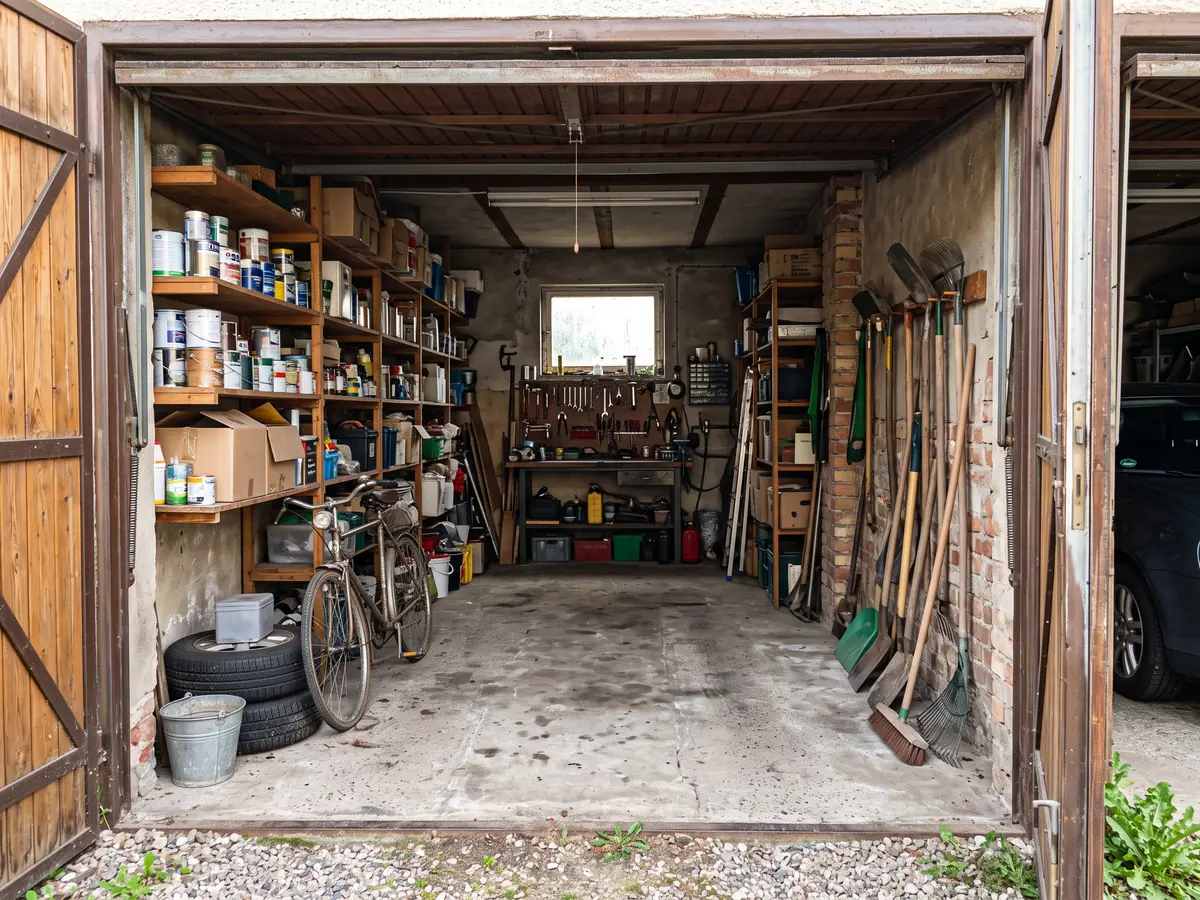 Garage voller Regale, Farbeimer, Fahrrad und Reifen