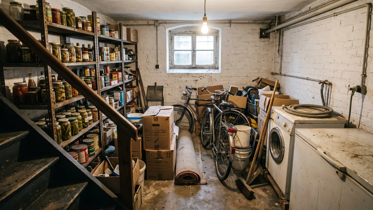 Vollgestellter Keller mit Regalen, Einmachgläsern und Fahrrädern