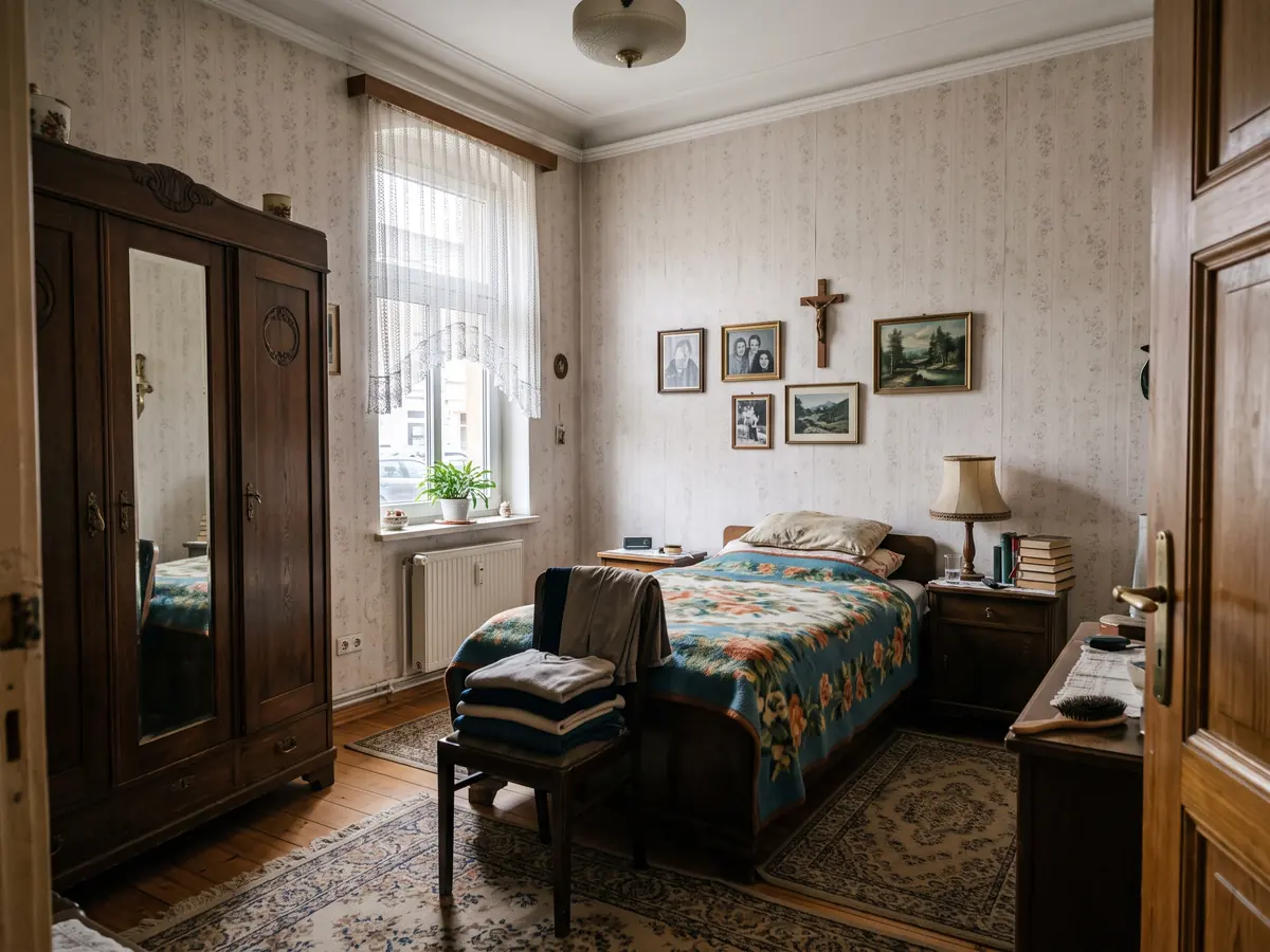 Schlafzimmer mit Kleiderschrank, Bett und Teppich vor der Auflösung