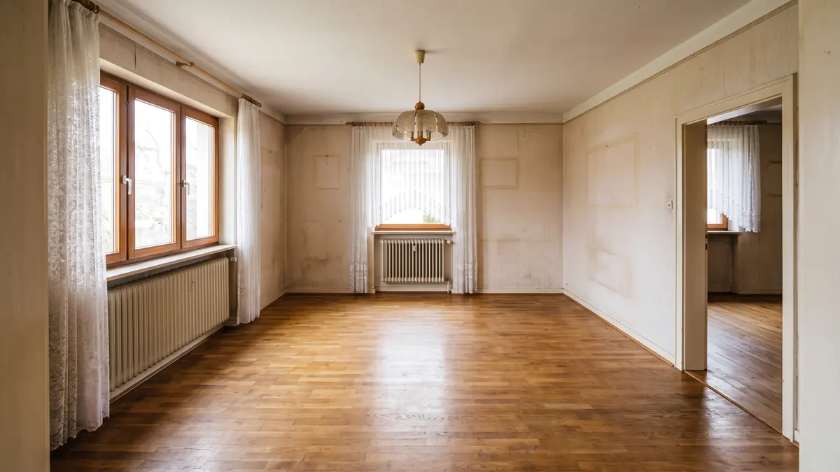 Dasselbe Wohnzimmer, leer geräumt und gekehrt