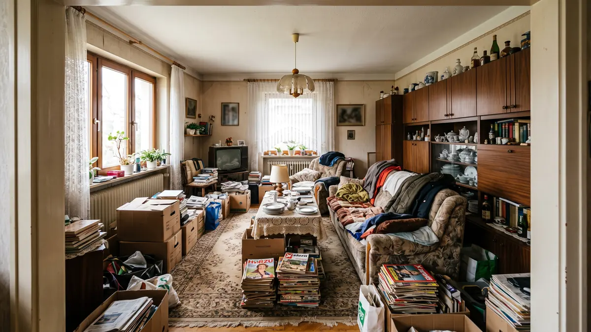 Vollgestelltes Wohnzimmer mit Schrankwand, Sofa und Zeitschriftenstapeln