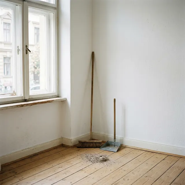 Besen und Kehrblech in einem leeren Zimmer