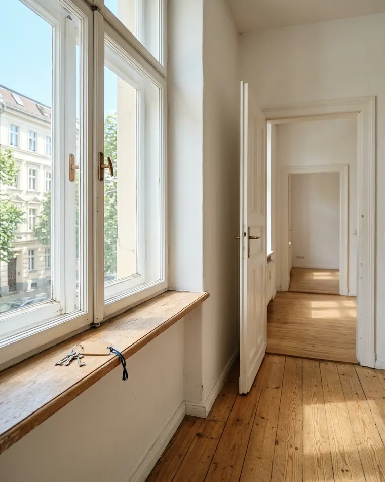 Leer geräumtes, gefegtes Zimmer mit Schlüsselbund auf der Fensterbank